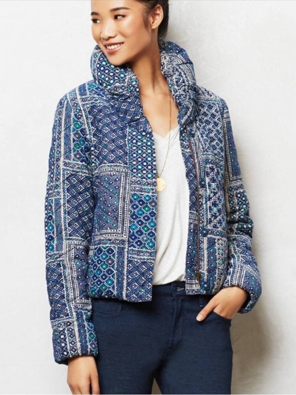 Anthropologie Pilcro Patterned Corduroy Puffer Jacket - Blue/White - Size XS